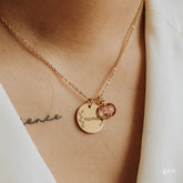 Copper name necklace with custom engraving and birthstone inlay